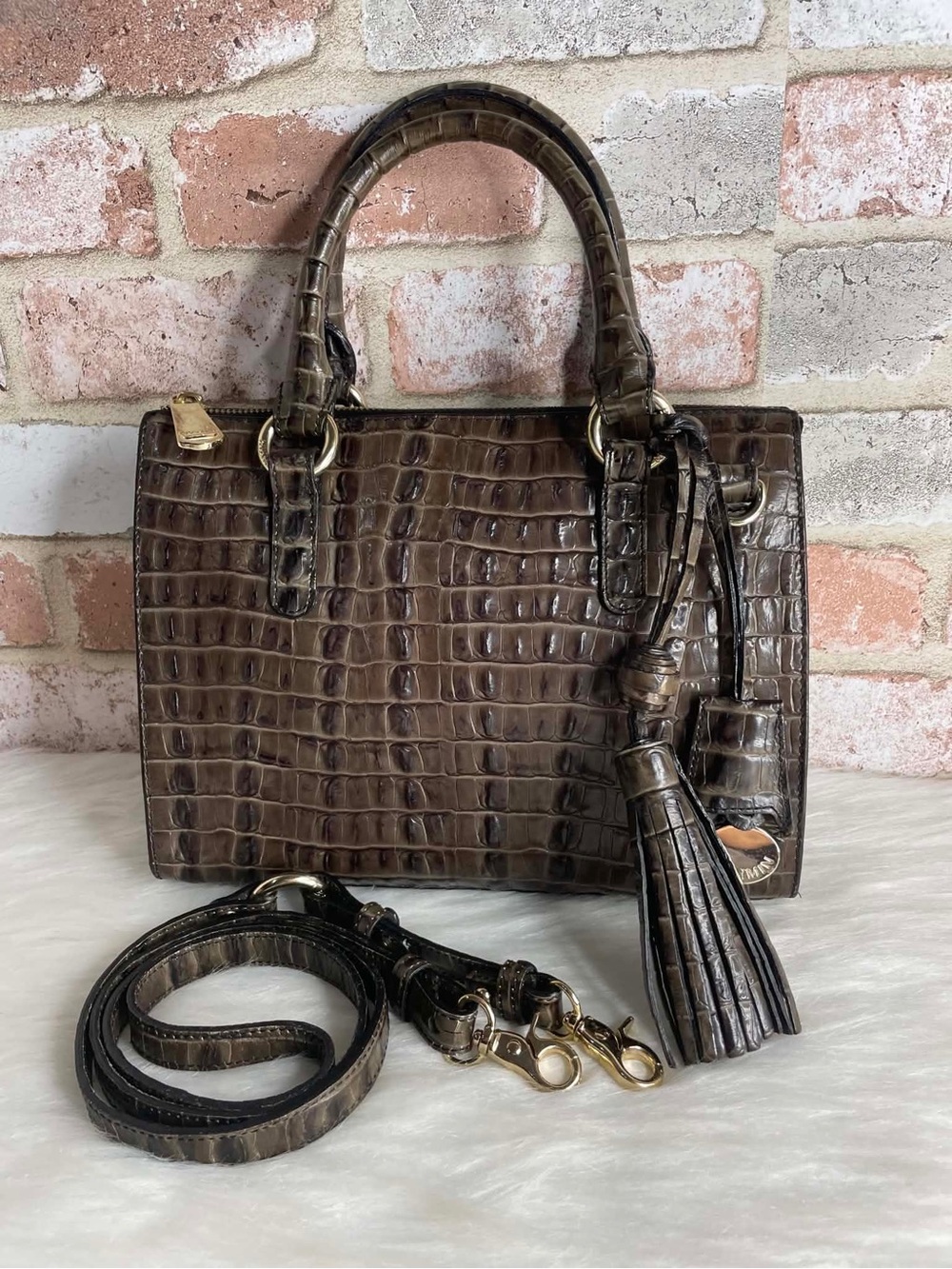 Brahmin Brown Croc-Embossed Leather Tote Bag with Tassel Charm - Picture 2 of 14
